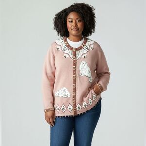 NWT Storybook Knits Cats Design Cardigan Pink Beaded Cotton size 1X Vintage